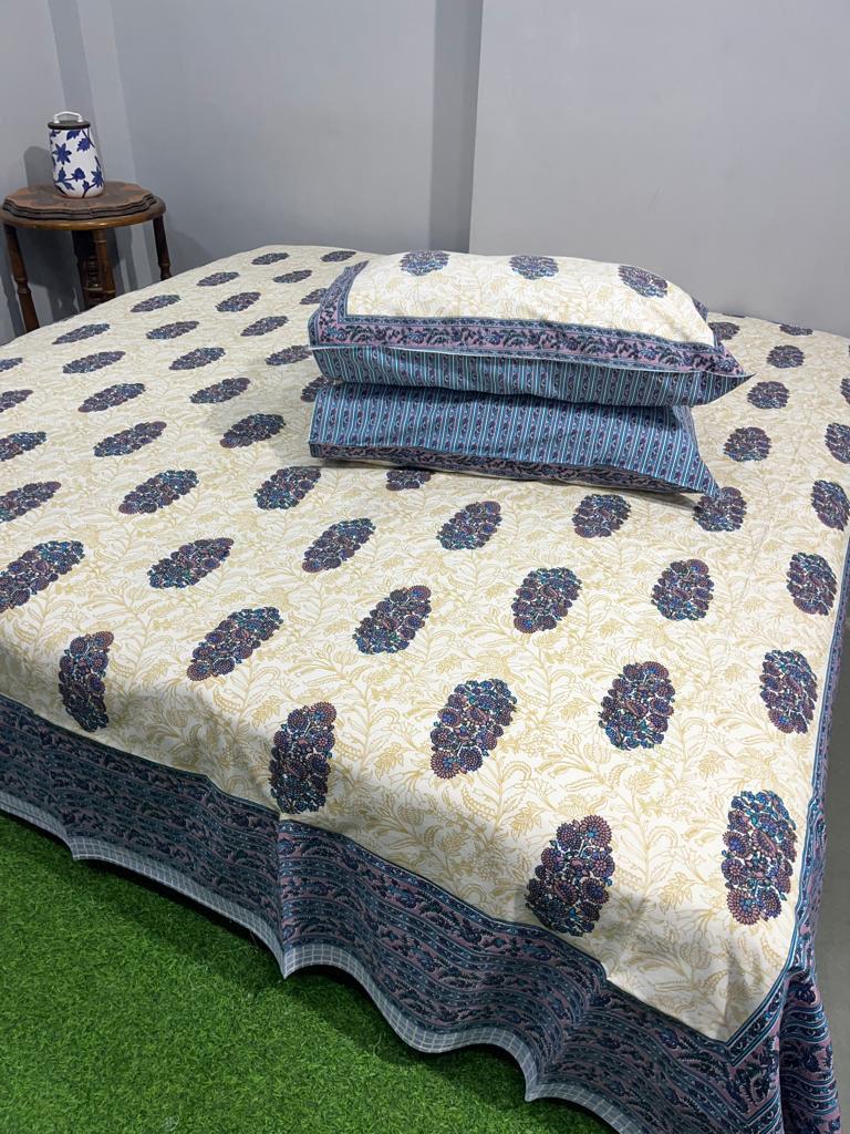 ArtbyKAMASK 100% Organic Cotton Hand Block Printed Double Bed Sheet - 210 TC Double Bed Sheet in King Size - Size - 108 X 108 Inches 274 x 274 cms) - 1 Bedsheet and 2 Pillow Covers - Bhavya Blue + 3 Variants