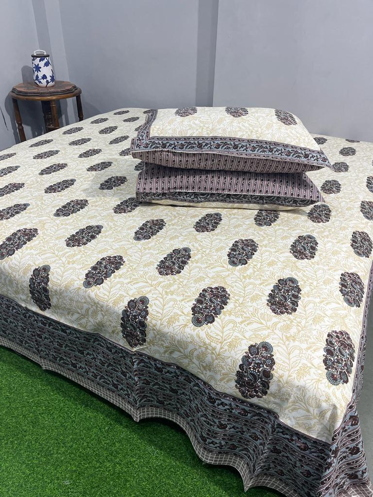ArtbyKAMASK 100% Organic Cotton Hand Block Printed Double Bed Sheet - 210 TC Double Bed Sheet in King Size - Size - 108 X 108 Inches 274 x 274 cms) - 1 Bedsheet and 2 Pillow Covers - Bhavya Blue + 3 Variants