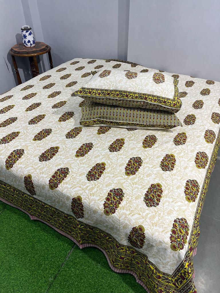 ArtbyKAMASK 100% Organic Cotton Hand Block Printed Double Bed Sheet - 210 TC Double Bed Sheet in King Size - Size - 108 X 108 Inches 274 x 274 cms) - 1 Bedsheet and 2 Pillow Covers - Bhavya Blue + 3 Variants