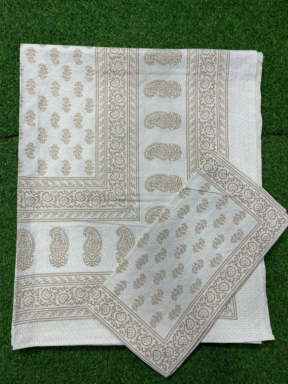 ArtbyKAMASK 100% Organic Cotton Hand Block Printed Double Bed Sheet - 210 TC Double Bed Sheet in Queen Size - Size - 90 X 108 Inches (228 x 274 cms) - 1 Bedsheet and 2 Pillow Covers - Yamuna White & Gold in 15 Variants