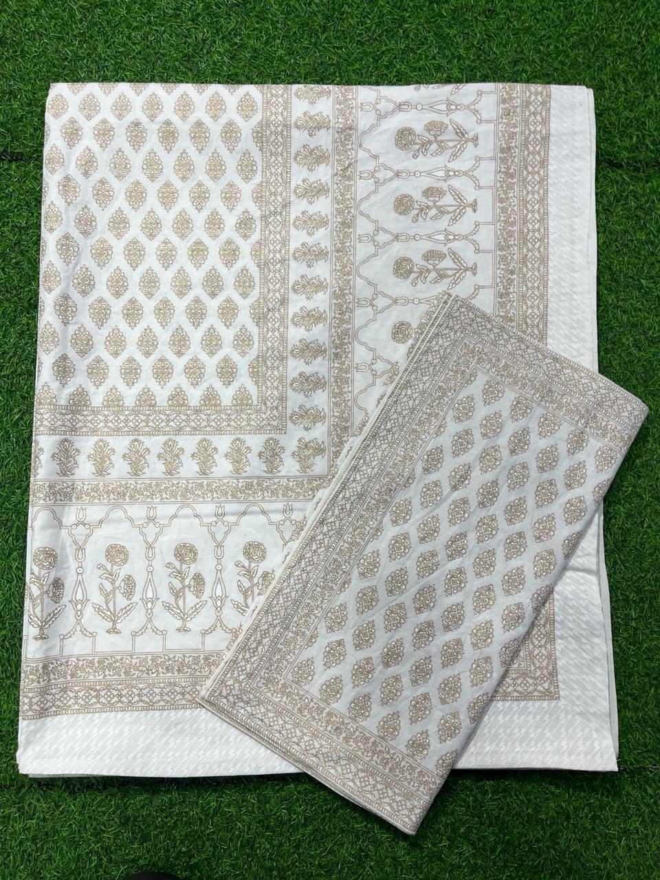 ArtbyKAMASK 100% Organic Cotton Hand Block Printed Double Bed Sheet - 210 TC Double Bed Sheet in Queen Size - Size - 90 X 108 Inches (228 x 274 cms) - 1 Bedsheet and 2 Pillow Covers - Yamuna White & Gold in 15 Variants