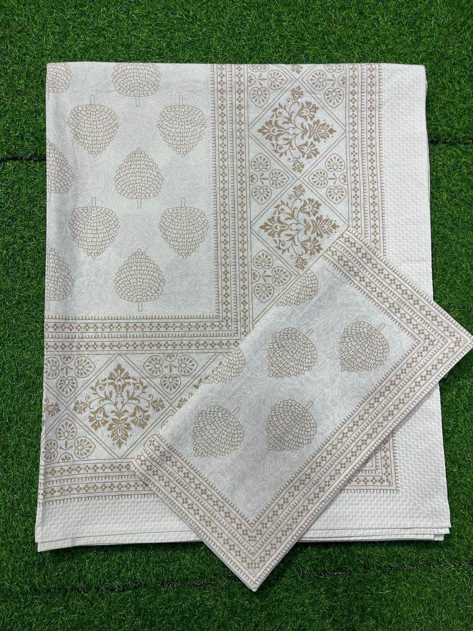 ArtbyKAMASK 100% Organic Cotton Hand Block Printed Double Bed Sheet - 210 TC Double Bed Sheet in Queen Size - Size - 90 X 108 Inches (228 x 274 cms) - 1 Bedsheet and 2 Pillow Covers - Yamuna White & Gold in 15 Variants