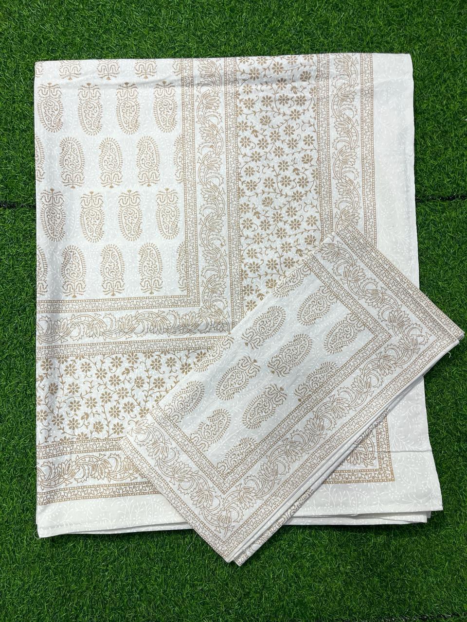 ArtbyKAMASK 100% Organic Cotton Hand Block Printed Double Bed Sheet - 210 TC Double Bed Sheet in Queen Size - Size - 90 X 108 Inches (228 x 274 cms) - 1 Bedsheet and 2 Pillow Covers - Yamuna White & Gold in 15 Variants