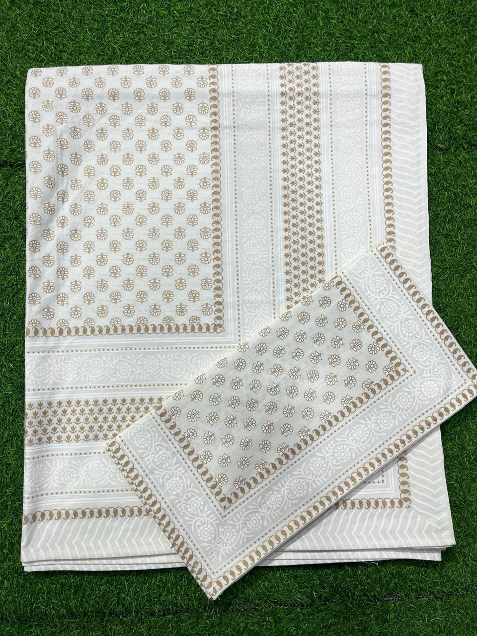 ArtbyKAMASK 100% Organic Cotton Hand Block Printed Double Bed Sheet - 210 TC Double Bed Sheet in Queen Size - Size - 90 X 108 Inches (228 x 274 cms) - 1 Bedsheet and 2 Pillow Covers - Yamuna White & Gold in 15 Variants