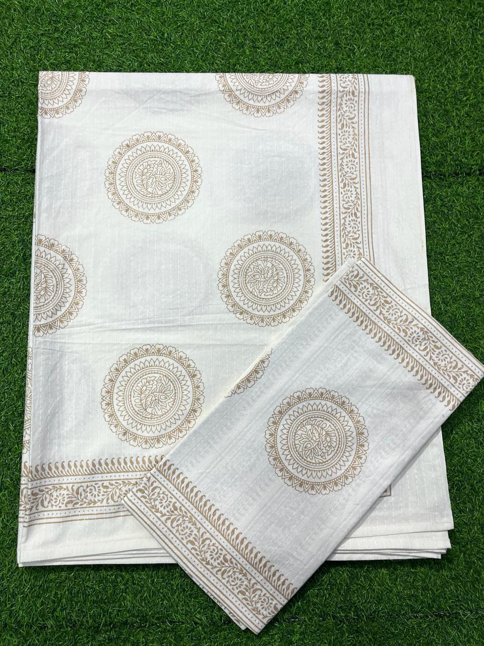 ArtbyKAMASK 100% Organic Cotton Hand Block Printed Double Bed Sheet - 210 TC Double Bed Sheet in Queen Size - Size - 90 X 108 Inches (228 x 274 cms) - 1 Bedsheet and 2 Pillow Covers - Yamuna White & Gold in 15 Variants