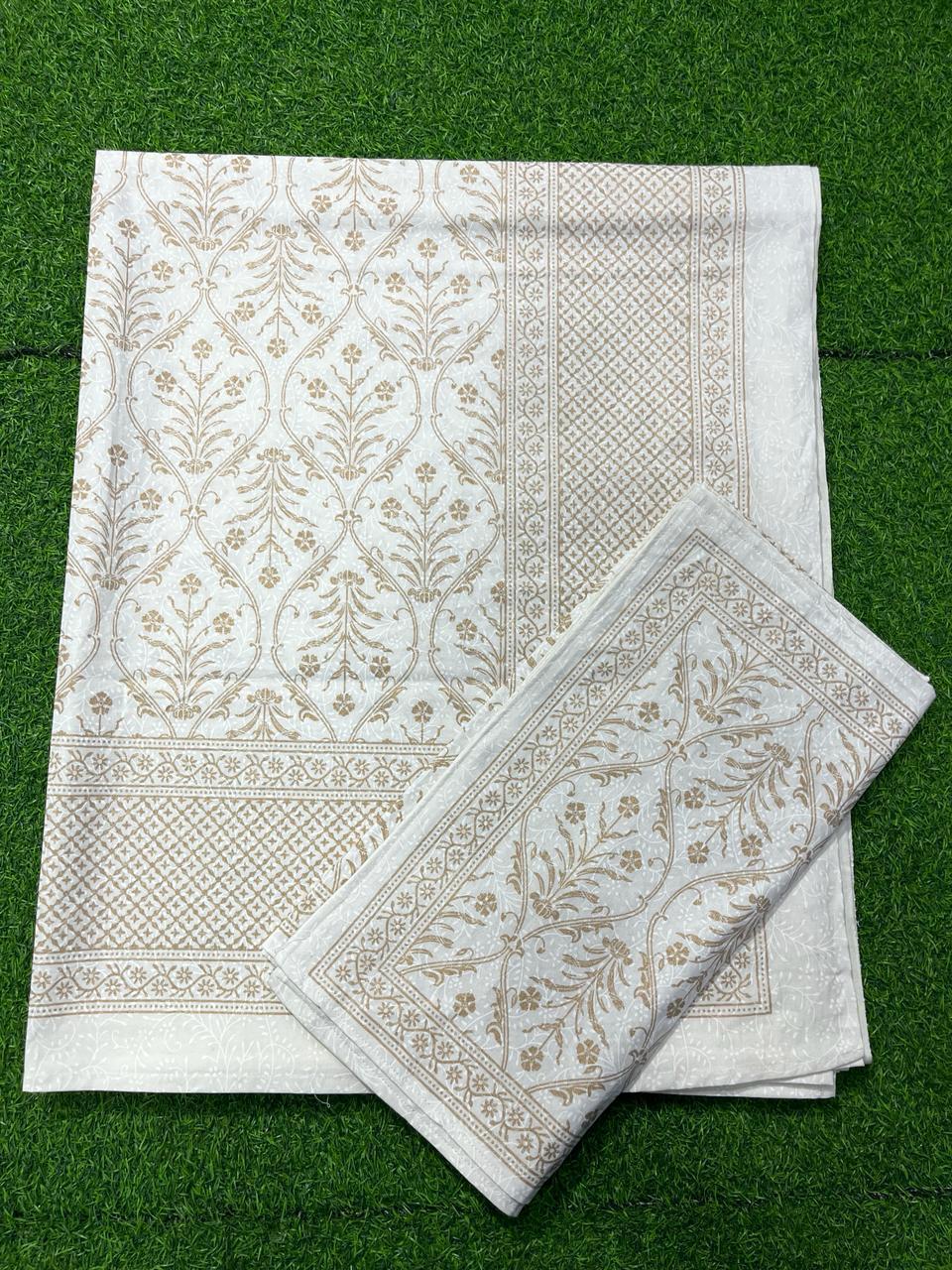 ArtbyKAMASK 100% Organic Cotton Hand Block Printed Double Bed Sheet - 210 TC Double Bed Sheet in Queen Size - Size - 90 X 108 Inches (228 x 274 cms) - 1 Bedsheet and 2 Pillow Covers - Yamuna White & Gold in 15 Variants