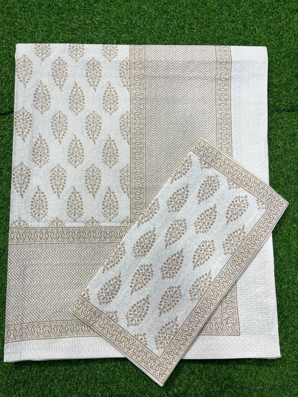ArtbyKAMASK 100% Organic Cotton Hand Block Printed Double Bed Sheet - 210 TC Double Bed Sheet in Queen Size - Size - 90 X 108 Inches (228 x 274 cms) - 1 Bedsheet and 2 Pillow Covers - Yamuna White & Gold in 15 Variants