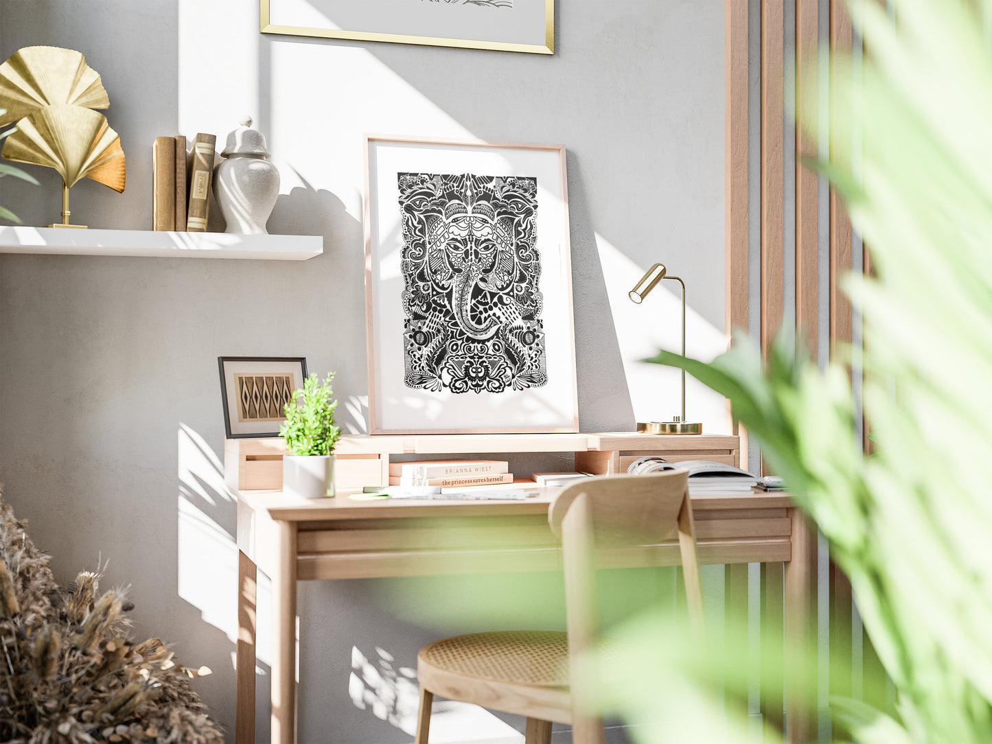 ArtbyKAMASK Originals Artwork Home Decor I A4 Size Frame with Acrylic Face I 9 x 12 Inches (29.7 x 21 cms) I Ganpati Abstract Artwork I The Immersed Ganesha Abstract Grid - In Pen & Ink