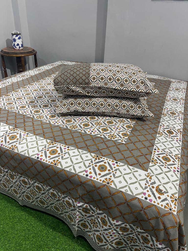 ArtbyKAMASK 100% Organic Cotton Hand Block Printed Double Bed Sheet I 210 TC Double Bed Sheet in King Size I Size - 108 X 108 Inches 274 x 274 cms) I 1 Bedsheet and 2 Pillow Covers I Anjali Blue + 2 Vriants