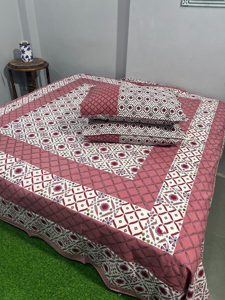 ArtbyKAMASK 100% Organic Cotton Hand Block Printed Double Bed Sheet I 210 TC Double Bed Sheet in King Size I Size - 108 X 108 Inches 274 x 274 cms) I 1 Bedsheet and 2 Pillow Covers I Anjali Blue + 2 Vriants