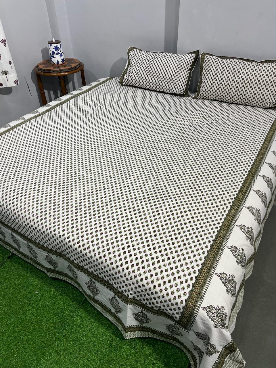 ArtbyKAMASK 100% Organic Cotton Hand Block Printed Double Bed Sheet I 210 TC Double Bed Sheet in King Size I Size - 108 X 108 Inches 274 x 274 cms) I 1 Bedsheet and 2 Pillow Covers I Arundhuti Blue + 2 Variants