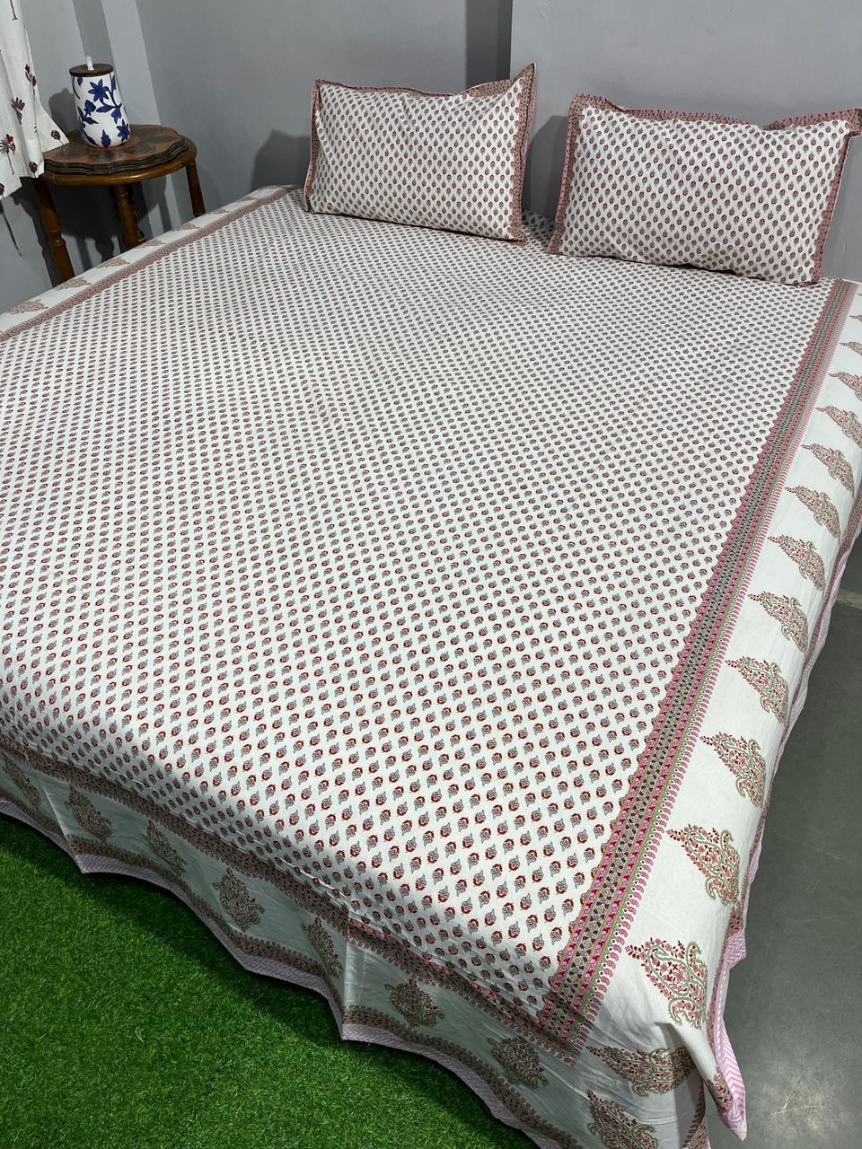 ArtbyKAMASK 100% Organic Cotton Hand Block Printed Double Bed Sheet I 210 TC Double Bed Sheet in King Size I Size - 108 X 108 Inches 274 x 274 cms) I 1 Bedsheet and 2 Pillow Covers I Arundhuti Blue + 2 Variants
