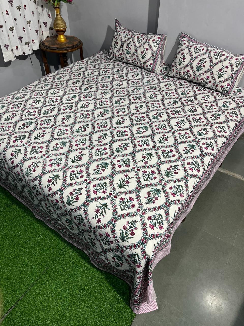 ArtbyKAMASK 100% Organic Cotton Hand Block Printed Double Bed Sheet - 210 TC Double Bed Sheet in Queen Size - Size - 90 X 108 Inches (228 x 274 cms) - 1 Bedsheet and 2 Pillow Covers - Avantika Blue + 2 Variants