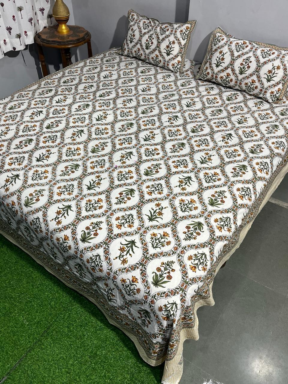 ArtbyKAMASK 100% Organic Cotton Hand Block Printed Double Bed Sheet - 210 TC Double Bed Sheet in Queen Size - Size - 90 X 108 Inches (228 x 274 cms) - 1 Bedsheet and 2 Pillow Covers - Avantika Blue + 2 Variants