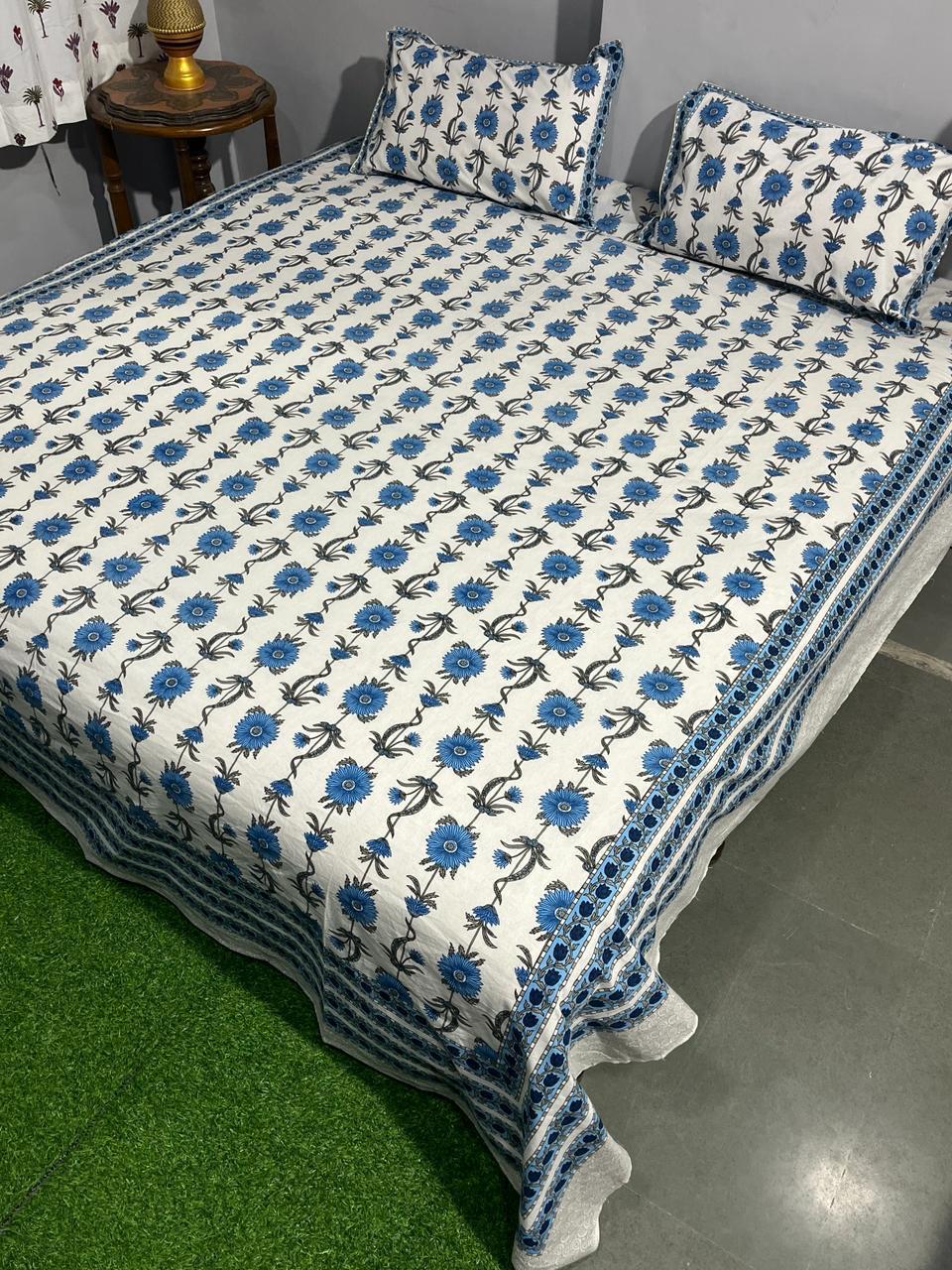 ArtbyKAMASK 100% Organic Cotton Hand Block Printed Double Bed Sheet - 210 TC Double Bed Sheet in Queen Size - Size - 90 X 108 Inches (228 x 274 cms) - 1 Bedsheet and 2 Pillow Covers - Avni Blue + 2 Variants