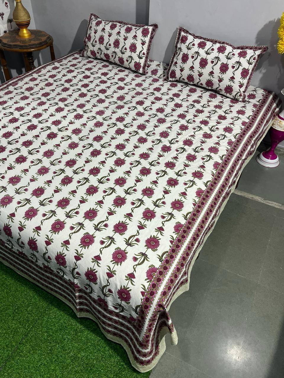 ArtbyKAMASK 100% Organic Cotton Hand Block Printed Double Bed Sheet - 210 TC Double Bed Sheet in Queen Size - Size - 90 X 108 Inches (228 x 274 cms) - 1 Bedsheet and 2 Pillow Covers - Avni Blue + 2 Variants