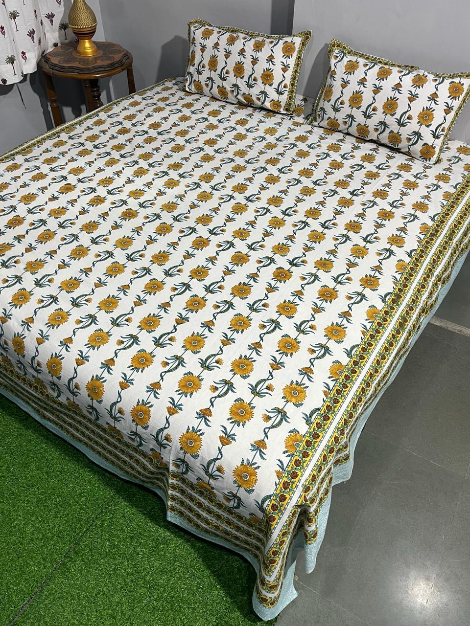 ArtbyKAMASK 100% Organic Cotton Hand Block Printed Double Bed Sheet - 210 TC Double Bed Sheet in Queen Size - Size - 90 X 108 Inches (228 x 274 cms) - 1 Bedsheet and 2 Pillow Covers - Avni Blue + 2 Variants