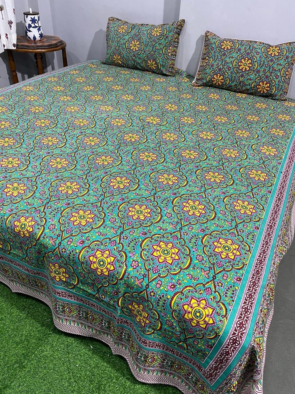 ArtbyKAMASK 100% Organic Cotton Hand Block Printed Double Bed Sheet - 210 TC Double Bed Sheet in King Size - Size - 108 X 108 Inches 274 x 274 cms) - 1 Bedsheet and 2 Pillow Covers - Bhagyashree Orange + 2 Variants