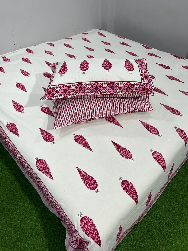 ArtbyKAMASK 100% Organic Cotton Hand Block Printed Double Bed Sheet I 210 TC Double Bed Sheet in Queen Size I Size - 90 X 108 Inches (228 x 274 cms) I 1 Bedsheet and 2 Pillow Covers I Chandini Brown & White