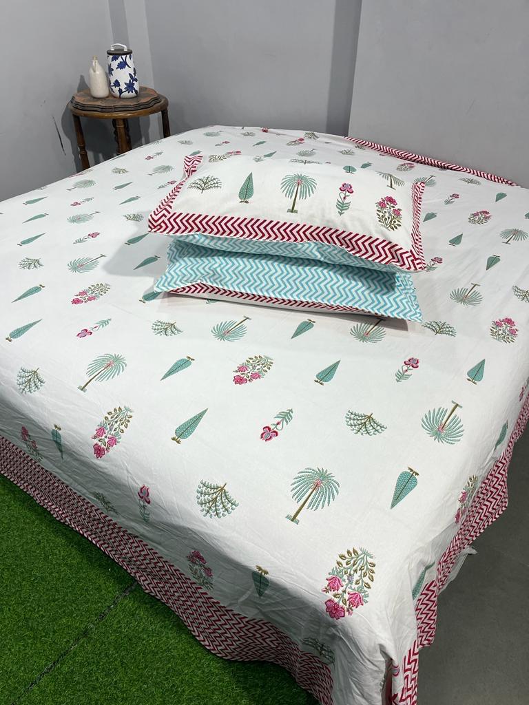 ArtbyKAMASK 100% Organic Cotton Hand Block Printed Double Bed Sheet I 210 TC Double Bed Sheet in King Size I Size - 108 X 108 Inches 274 x 274 cms) I 1 Bedsheet and 2 Pillow Covers I Charu Blue + 2 Variants