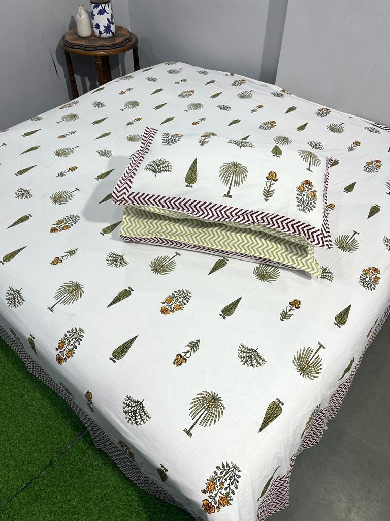 ArtbyKAMASK 100% Organic Cotton Hand Block Printed Double Bed Sheet I 210 TC Double Bed Sheet in King Size I Size - 108 X 108 Inches 274 x 274 cms) I 1 Bedsheet and 2 Pillow Covers I Charu Blue + 2 Variants