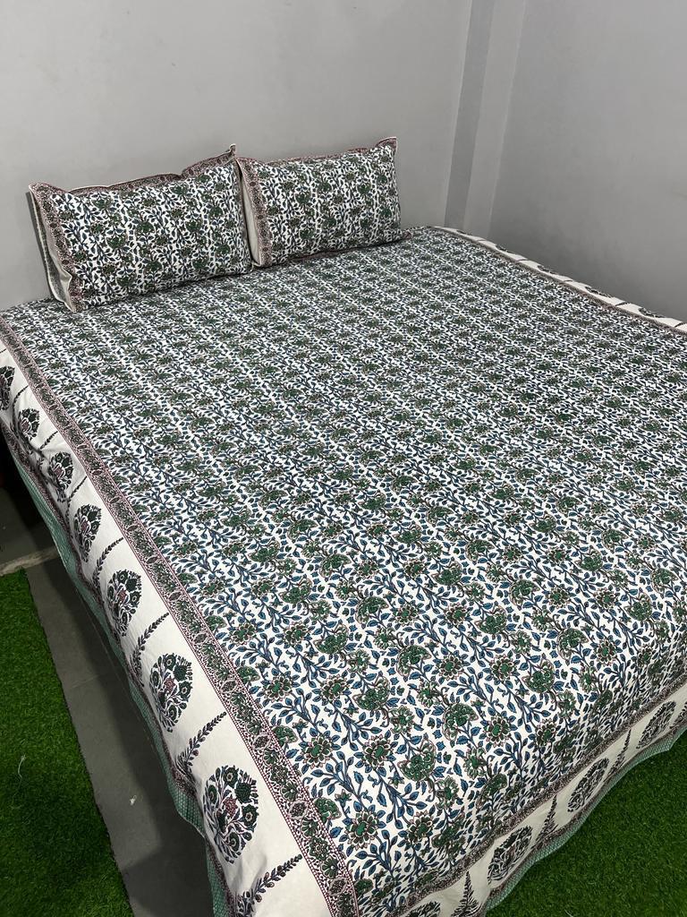 ArtbyKAMASK 100% Organic Cotton Hand Block Printed Double Bed Sheet - 210 TC Double Bed Sheet in Queen Size - Size - 90 X 108 Inches (228 x 274 cms) - 1 Bedsheet and 2 Pillow Covers - Chinmayee Blue + 3 Variants
