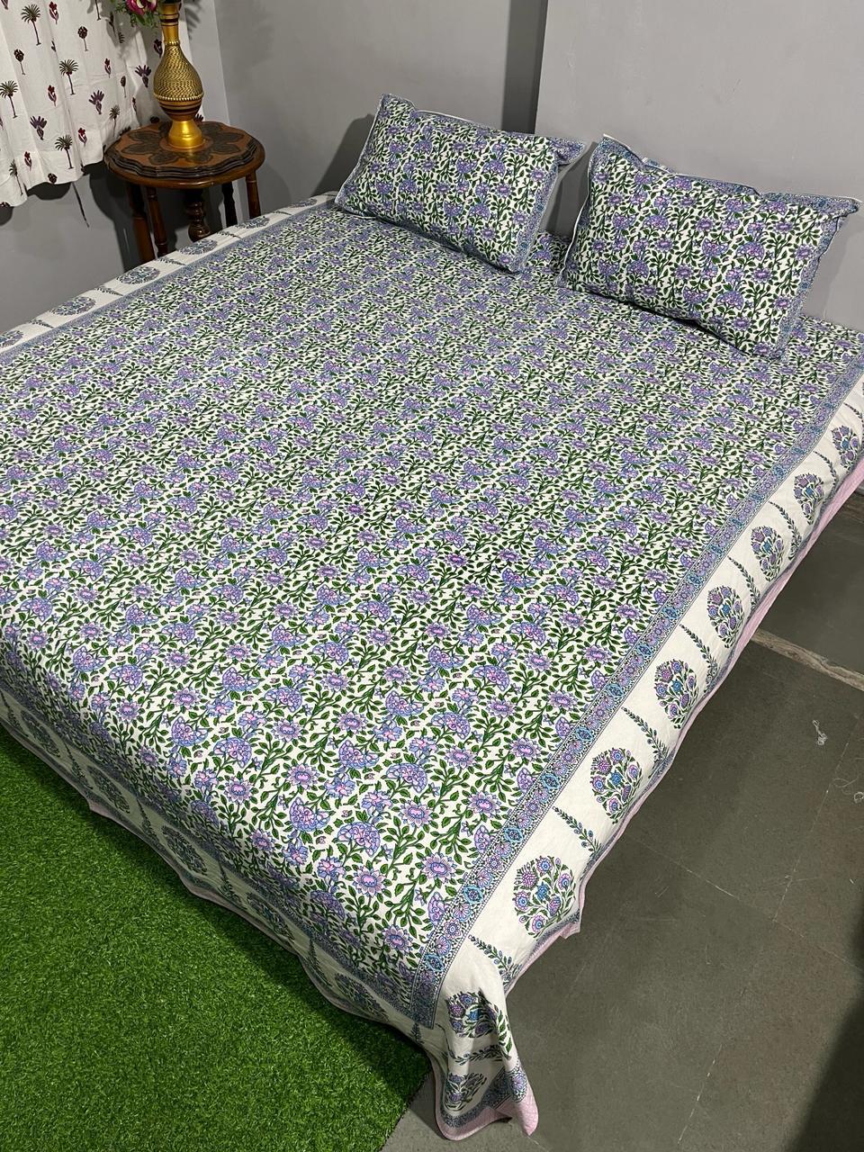 ArtbyKAMASK 100% Organic Cotton Hand Block Printed Double Bed Sheet - 210 TC Double Bed Sheet in Queen Size - Size - 90 X 108 Inches (228 x 274 cms) - 1 Bedsheet and 2 Pillow Covers - Chinmayee Blue + 3 Variants