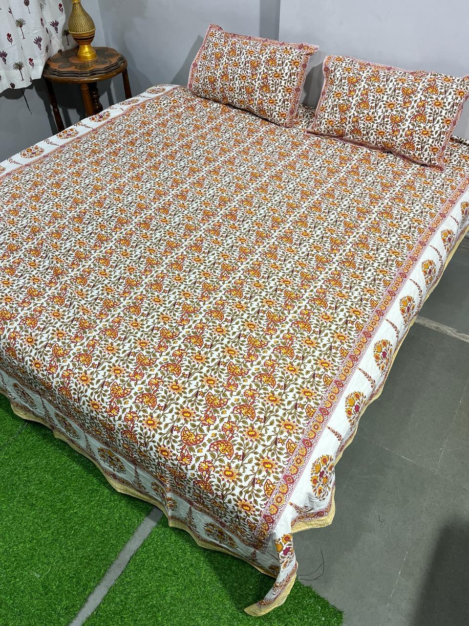 ArtbyKAMASK 100% Organic Cotton Hand Block Printed Double Bed Sheet - 210 TC Double Bed Sheet in Queen Size - Size - 90 X 108 Inches (228 x 274 cms) - 1 Bedsheet and 2 Pillow Covers - Chinmayee Blue + 3 Variants