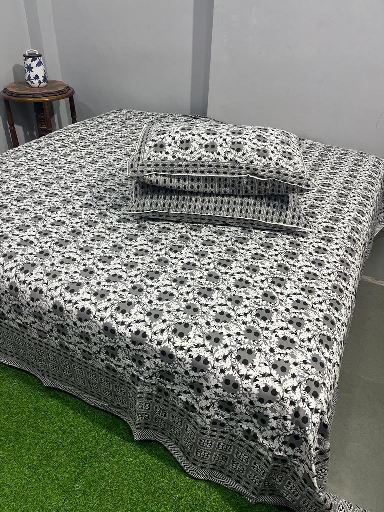 ArtbyKAMASK 100% Organic Cotton Hand Block Printed Double Bed Sheet - 210 TC Double Bed Sheet in King Size - Size - 108 X 108 Inches 274 x 274 cms) - 1 Bedsheet and 2 Pillow Covers - Daksha Grey + 2 Variants