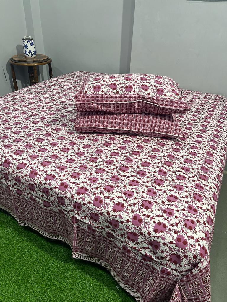 ArtbyKAMASK 100% Organic Cotton Hand Block Printed Double Bed Sheet - 210 TC Double Bed Sheet in King Size - Size - 108 X 108 Inches 274 x 274 cms) - 1 Bedsheet and 2 Pillow Covers - Daksha Grey + 2 Variants