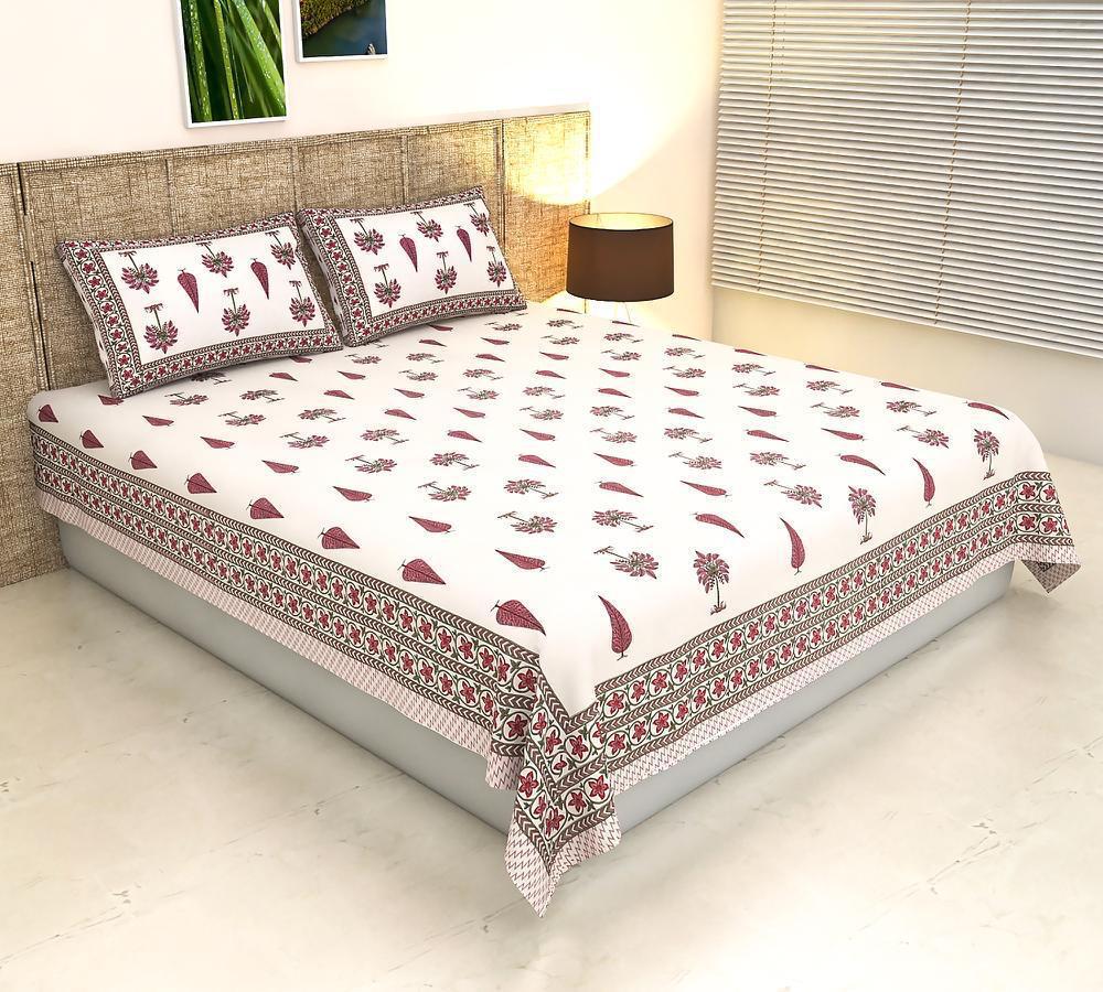 ArtbyKAMASK 100% Organic Cotton Hand Block Printed Double Bed Sheet - 210 TC Double Bed Sheet in Queen Size - Size - 90 X 108 Inches (228 x 274 cms) - 1 Bedsheet and 2 Pillow Covers - Deepti Blue and White