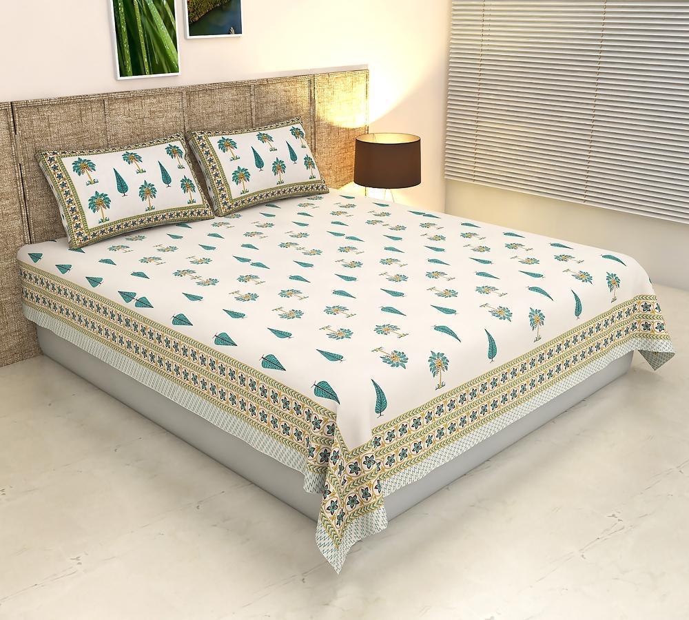 ArtbyKAMASK 100% Organic Cotton Hand Block Printed Double Bed Sheet - 210 TC Double Bed Sheet in Queen Size - Size - 90 X 108 Inches (228 x 274 cms) - 1 Bedsheet and 2 Pillow Covers - Deepti Blue and White