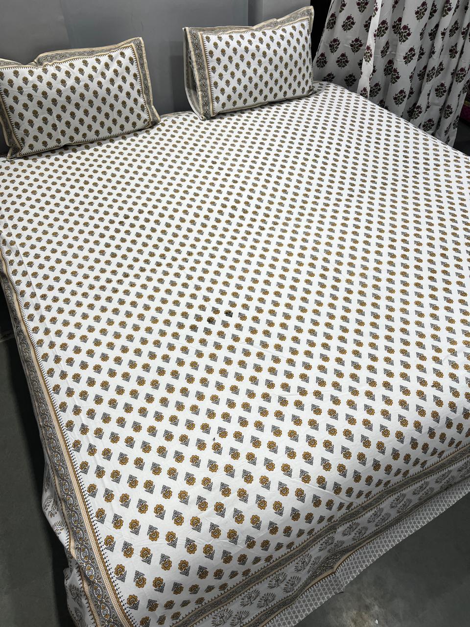 ArtbyKAMASK 100% Organic Cotton Hand Block Printed Double Bed Sheet - 210 TC Double Bed Sheet in King Size - Size - 108 X 108 Inches 274 x 274 cms) - 1 Bedsheet and 2 Pillow Covers - Dhanya Yellow + 2 Variants