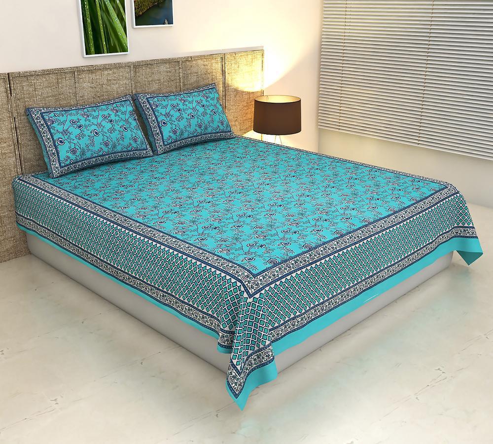 ArtbyKAMASK 100% Organic Cotton Hand Block Printed Double Bed Sheet - 210 TC Double Bed Sheet in Queen Size - Size - 90 X 108 Inches (228 x 274 cms) - 1 Bedsheet and 2 Pillow Covers - Dharini Blue + 2 Variants