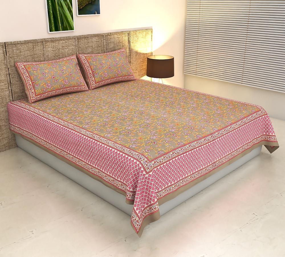 ArtbyKAMASK 100% Organic Cotton Hand Block Printed Double Bed Sheet - 210 TC Double Bed Sheet in Queen Size - Size - 90 X 108 Inches (228 x 274 cms) - 1 Bedsheet and 2 Pillow Covers - Dharini Blue + 2 Variants