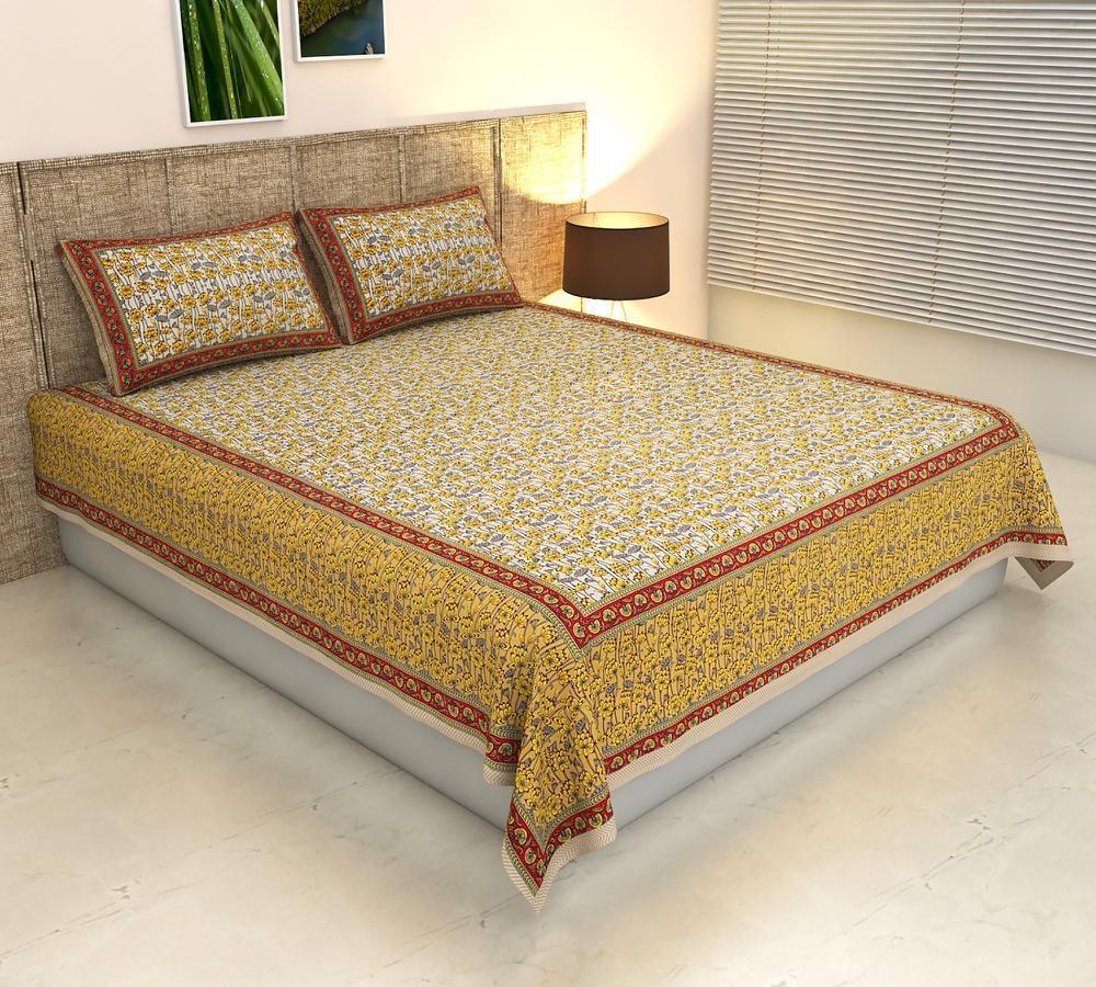 ArtbyKAMASK 100% Organic Cotton Hand Block Printed Double Bed Sheet - 210 TC Double Bed Sheet in Queen Size - Size - 90 X 108 Inches (228 x 274 cms) - 1 Bedsheet and 2 Pillow Covers - Dharini Blue + 2 Variants