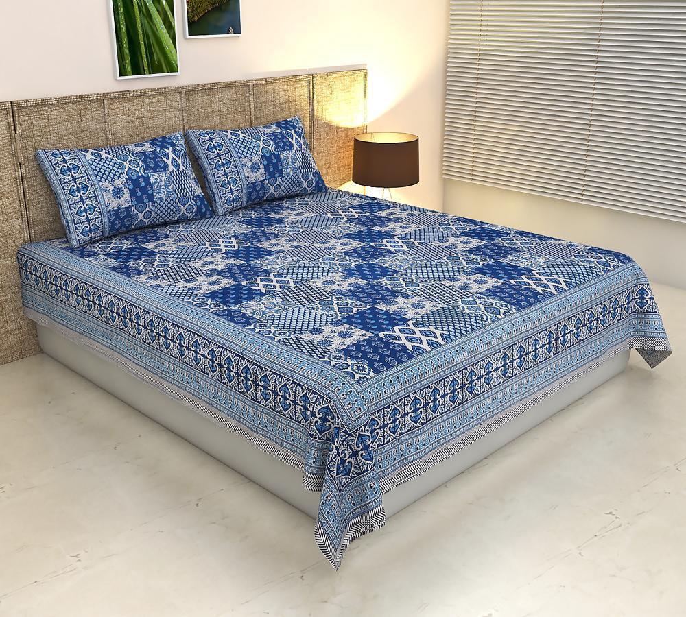 ArtbyKAMASK 100% Organic Cotton Hand Block Printed Double Bed Sheet - 210 TC Double Bed Sheet in Queen Size - Size - 90 X 108 Inches (228 x 274 cms) - 1 Bedsheet and 2 Pillow Covers - Diksha Red & Blue