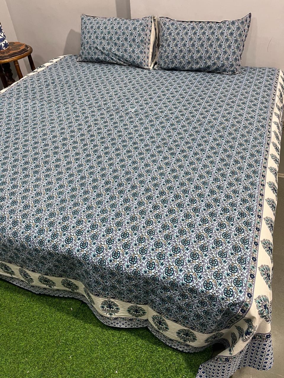 ArtbyKAMASK 100% Organic Cotton Hand Block Printed Double Bed Sheet I 210 TC Double Bed Sheet in King Size I Size - 108 X 108 Inches 274 x 274 cms) I 1 Bedsheet and 2 Pillow Covers I Ela Blue + 2 Variants