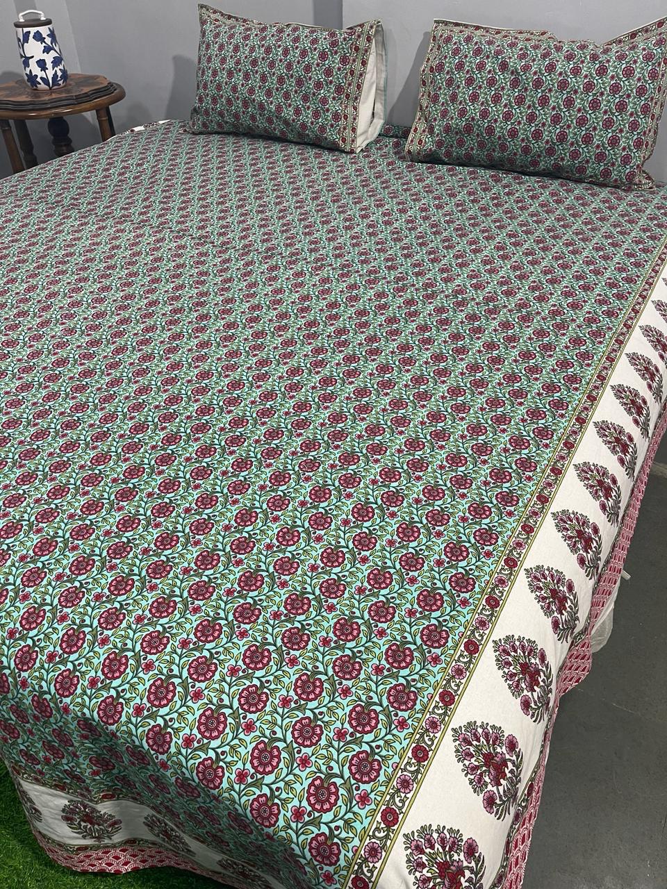 ArtbyKAMASK 100% Organic Cotton Hand Block Printed Double Bed Sheet I 210 TC Double Bed Sheet in King Size I Size - 108 X 108 Inches 274 x 274 cms) I 1 Bedsheet and 2 Pillow Covers I Ela Blue + 2 Variants