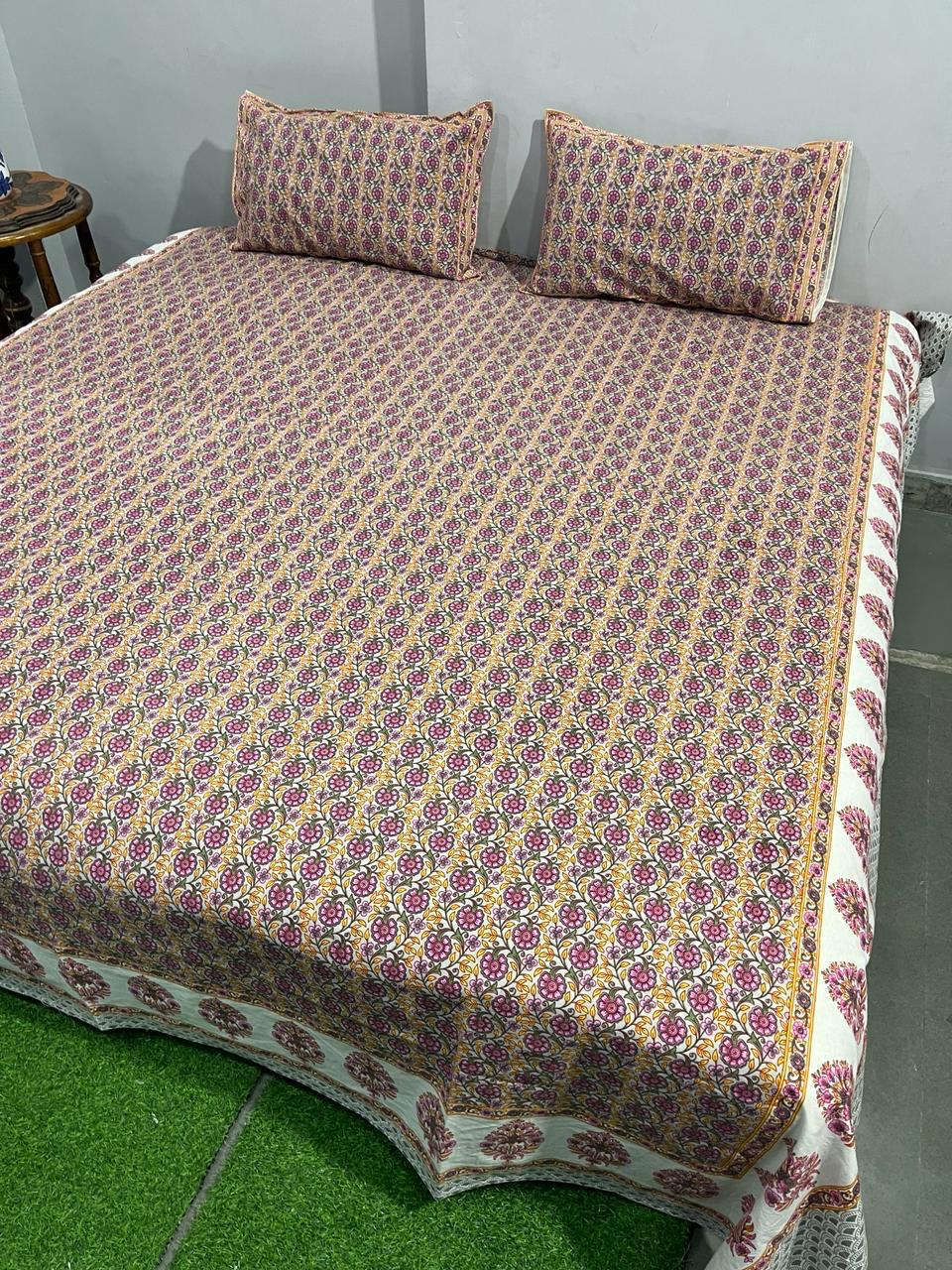 ArtbyKAMASK 100% Organic Cotton Hand Block Printed Double Bed Sheet I 210 TC Double Bed Sheet in King Size I Size - 108 X 108 Inches 274 x 274 cms) I 1 Bedsheet and 2 Pillow Covers I Ela Blue + 2 Variants