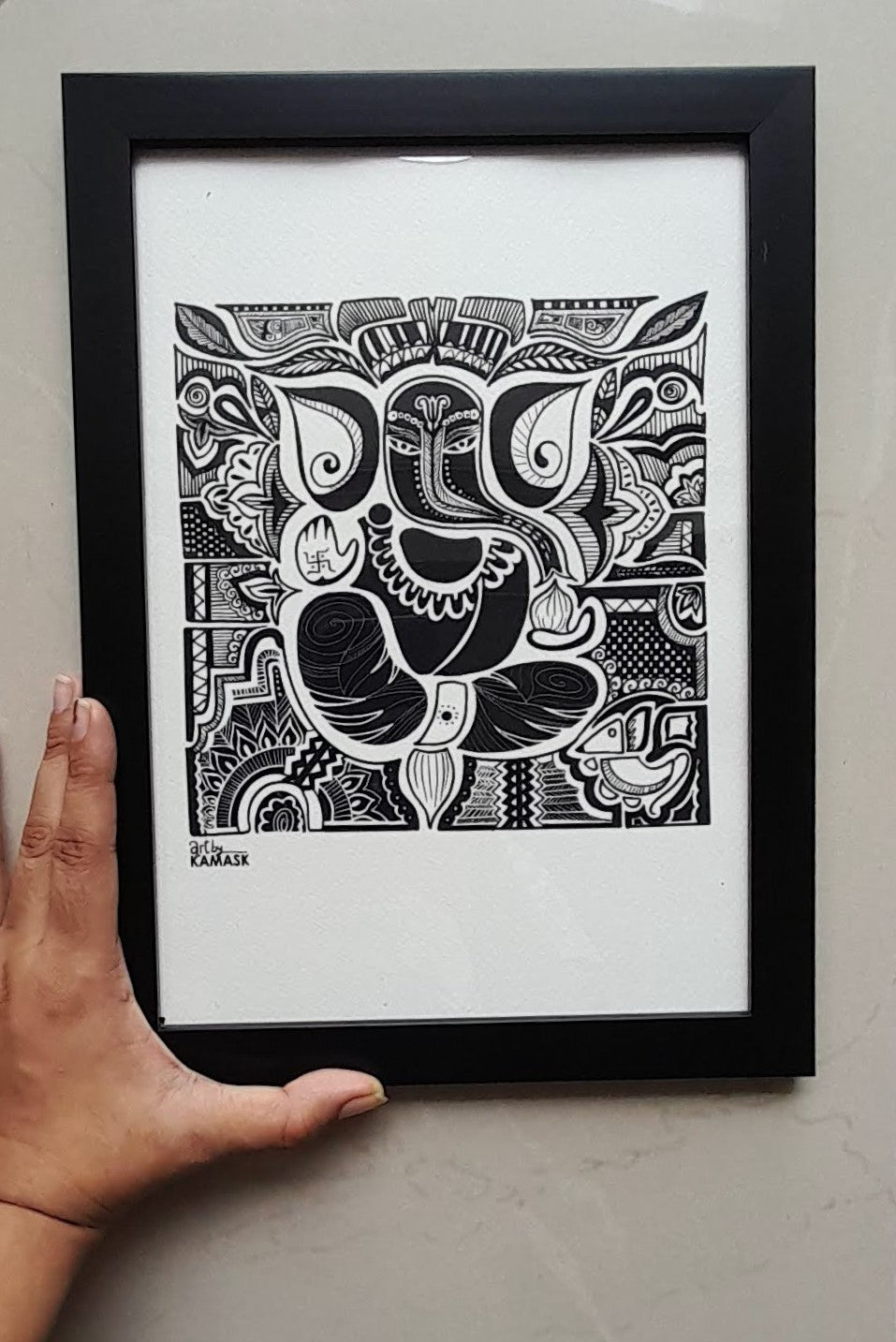ArtbyKAMASK Originals Artwork Home Decor I A4 Size Frame with Acrylic Face I 9 x 12 Inches (29.7 x 21 cms) I Ganpati Abstract Artwork I Ganpati Abstract Grid - In Pen & Ink