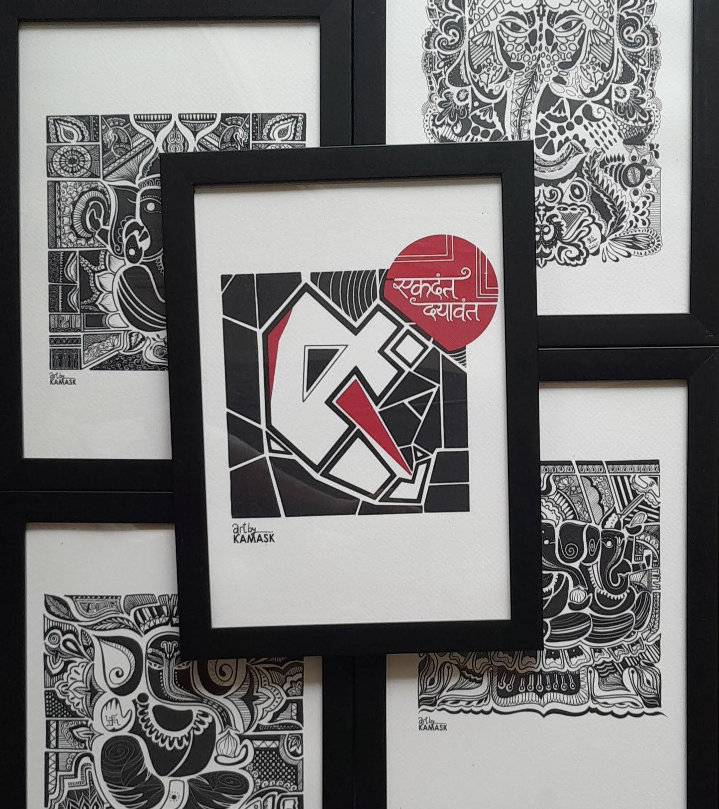 ArtbyKAMASK Originals Artwork Home Decor I A4 Size Frame with Acrylic Face I 9 x 12 Inches (29.7 x 21 cms) I Ganpati Abstract Artwork I Ekdant Dayawant Abstract Grid - In Pen & Ink