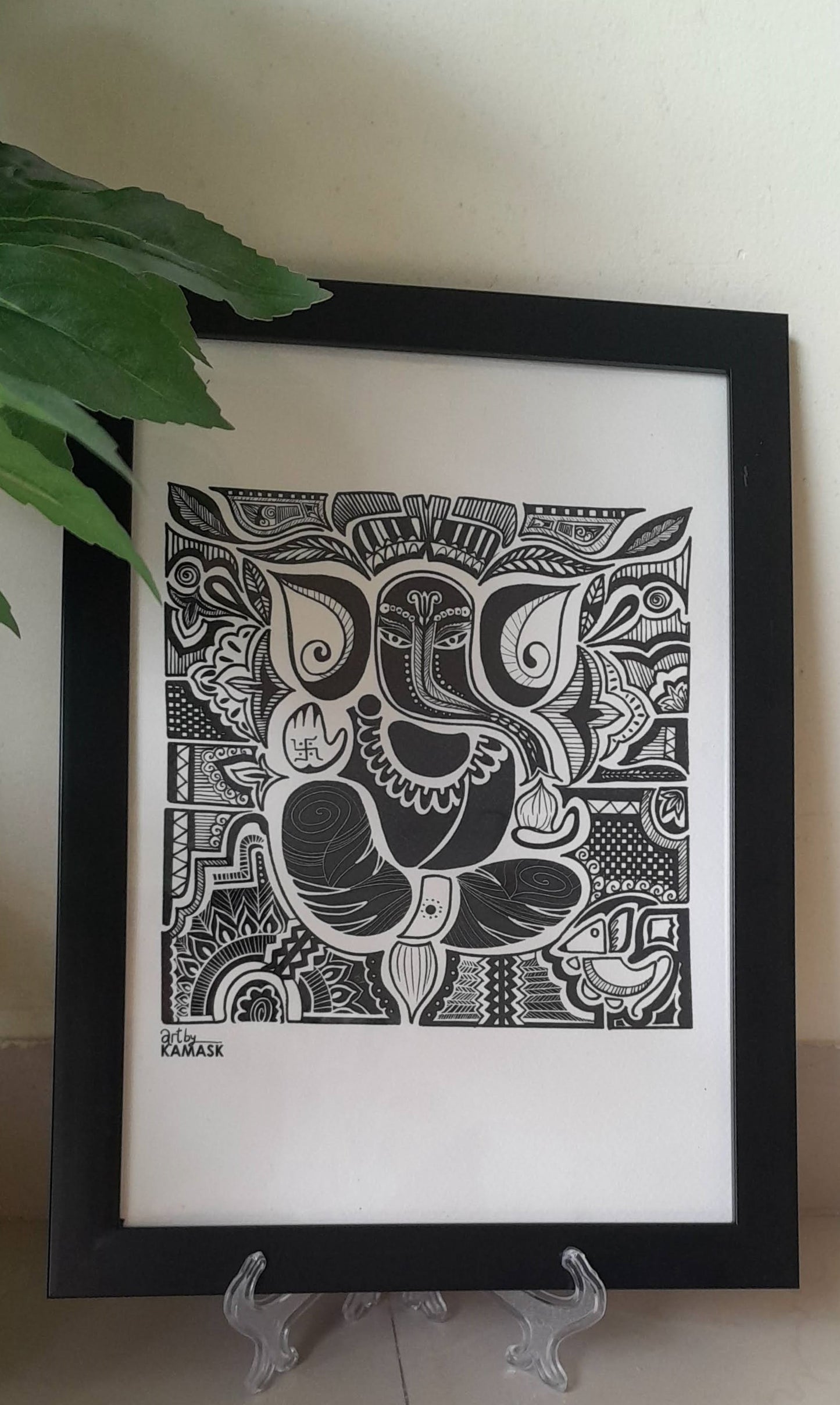 ArtbyKAMASK Originals Artwork Home Decor I A4 Size Frame with Acrylic Face I 9 x 12 Inches (29.7 x 21 cms) I Ganpati Abstract Artwork I Ganpati Abstract Grid - In Pen & Ink