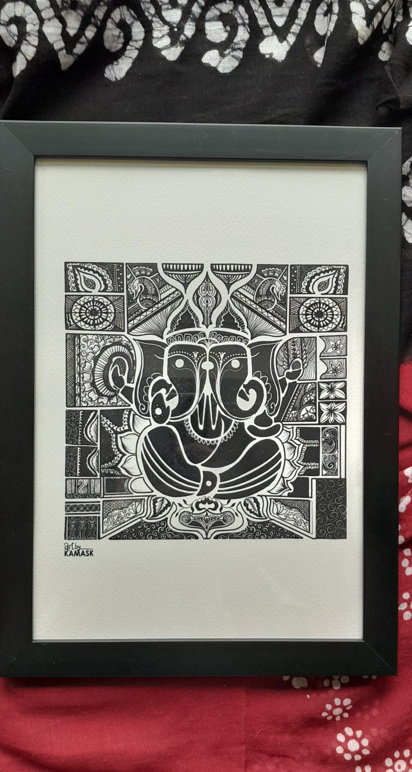 ArtbyKAMASK Originals Artwork Home Decor I A4 Size Frame with Acrylic Face I 9 x 12 Inches (29.7 x 21 cms) I Ganpati Abstract Artwork I Ganesh Dwimukhi Abstract Grid - In Pen & Ink
