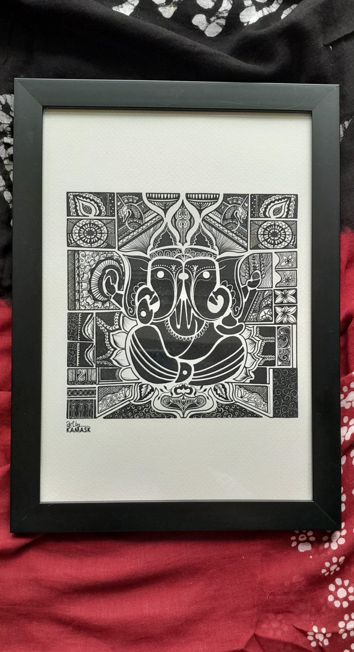 ArtbyKAMASK Originals Artwork Home Decor I A4 Size Frame with Acrylic Face I 9 x 12 Inches (29.7 x 21 cms) I Ganpati Abstract Artwork I Ganesh Dwimukhi Abstract Grid - In Pen & Ink