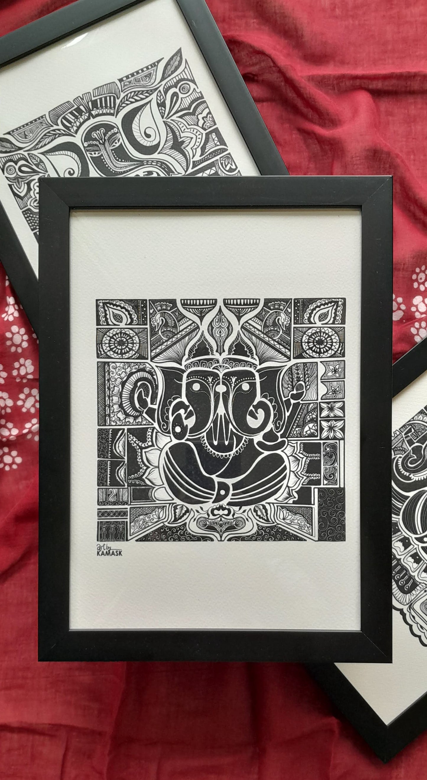 ArtbyKAMASK Originals Artwork Home Decor I A4 Size Frame with Acrylic Face I 9 x 12 Inches (29.7 x 21 cms) I Ganpati Abstract Artwork I Ganesh Dwimukhi Abstract Grid - In Pen & Ink