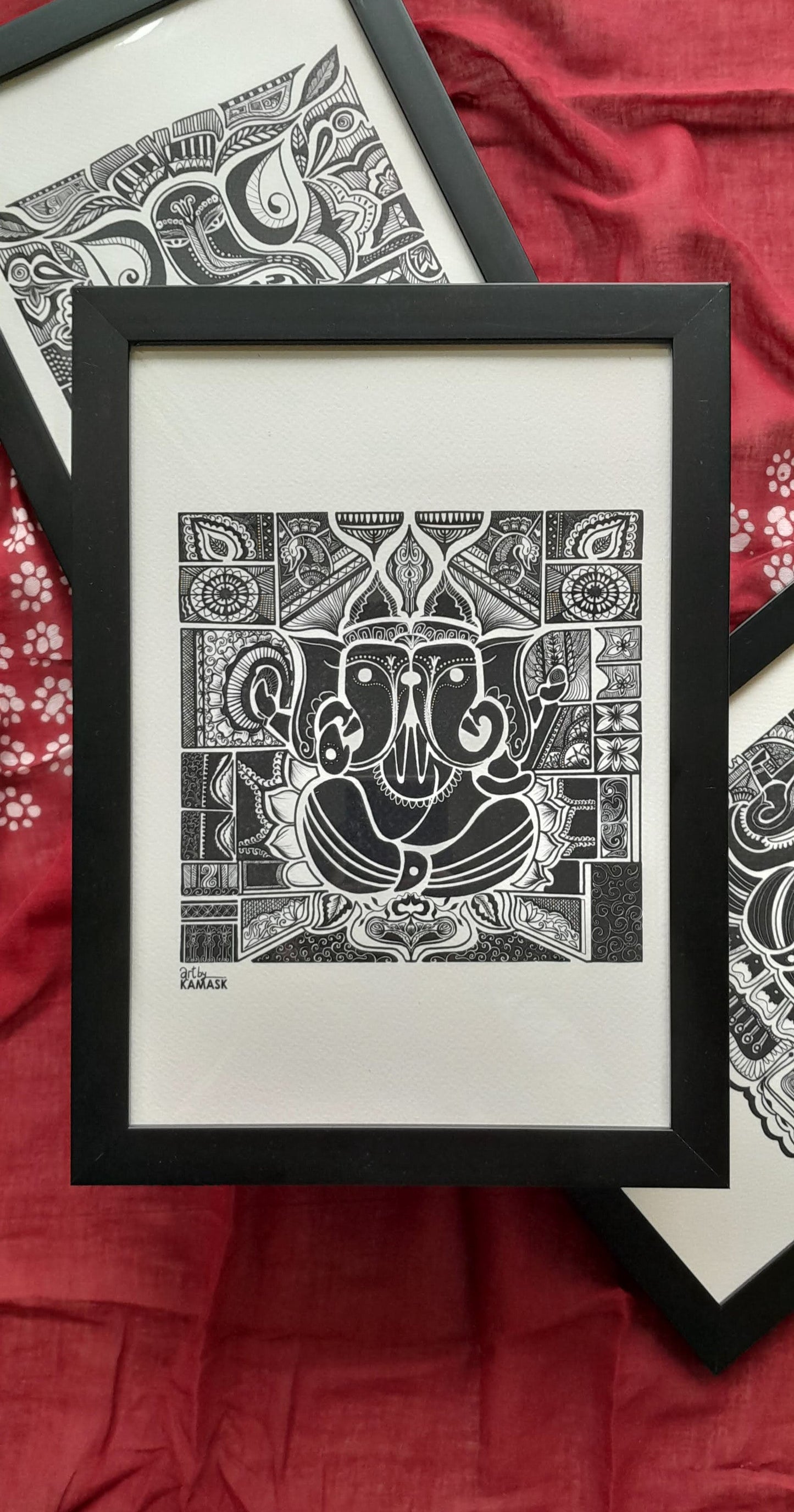 ArtbyKAMASK Originals Artwork Home Decor I A4 Size Frame with Acrylic Face I 9 x 12 Inches (29.7 x 21 cms) I Ganpati Abstract Artwork I Ganesh Dwimukhi Abstract Grid - In Pen & Ink
