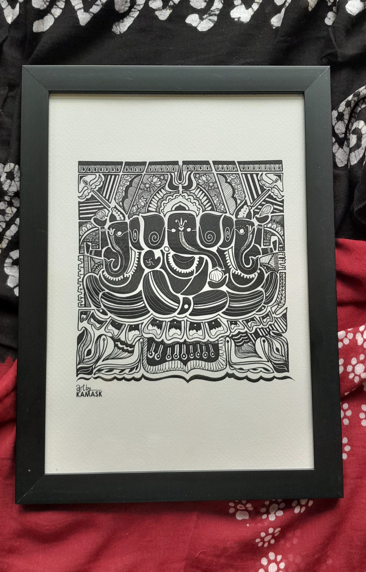 ArtbyKAMASK Originals Artwork Home Decor I A4 Size Frame with Acrylic Face I 9 x 12 Inches (29.7 x 21 cms) I Ganpati Abstract Artwork I Ganesh Set of 3 Abstract Grid - In Pen & Ink