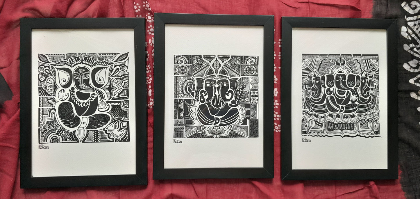 ArtbyKAMASK Originals Artwork Home Decor I A4 Size Frame with Acrylic Face I 9 x 12 Inches (29.7 x 21 cms) I Ganpati Abstract Artwork I Ganesh Set of 3 Abstract Grid - In Pen & Ink