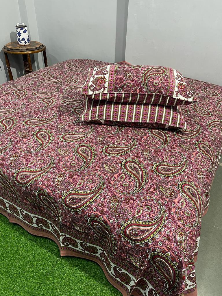 ArtbyKAMASK 100% Organic Cotton Hand Block Printed Double Bed Sheet - 210 TC Double Bed Sheet in King Size - Size - 108 X 108 Inches 274 x 274 cms) - 1 Bedsheet and 2 Pillow Covers - Gaamini Green + 2 Variants